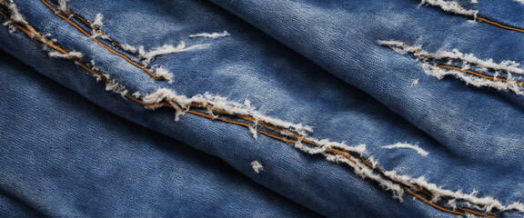 Naklejka premium Bright blue jeans texture with destroyed details background banner 