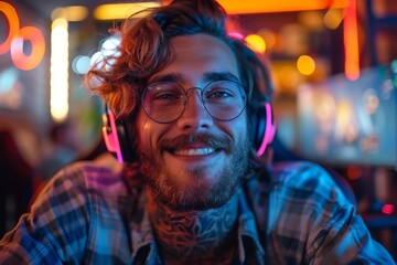 A tattooed young man with curly hair enjoying music with neon light background