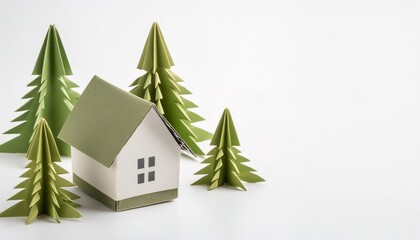 small home downsizing concept paper origami isolated on white background with green trees with copy space for rural living moving away from the city to a quiet environment with less population