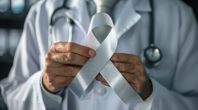 The silver ribbon held by the doctor represents support for a range of conditions such as Parkinson s disease brain cancer schizophrenia sciatic pain and various brain disorders or disabili - Powered by Adobe