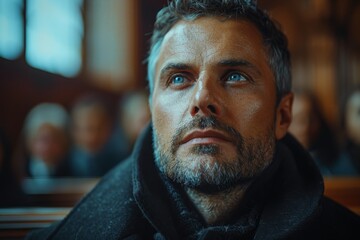 Obraz premium Man with a beard looking up thoughtfully in a courtroom with a blueish tint