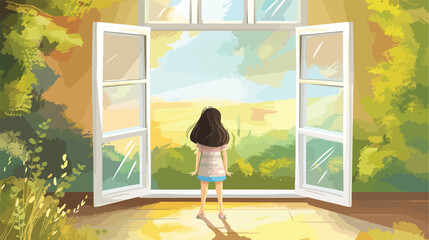 Little girl standing background with open window with a lan