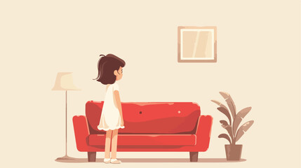 Little girl standing by red sofa Vector illustration.