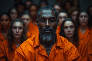 A middle-aged man with a striking gaze amongst a crowd of prisoners in orange attire