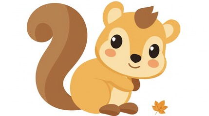   A cartoon squirrel is sitting on the ground, holding a leaf in its mouth and staring at the ground