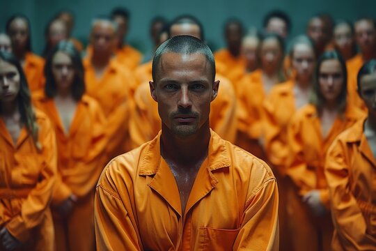 A young male prisoner with a focused look surrounded by other inmates in orange