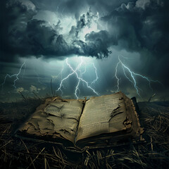 Torn book with thunder and lighting, Holy Bible Exodus revelation concept