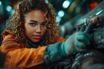 Obraz premium A serious mechanic with a determined look adjusts complex machinery in a vibrant workshop