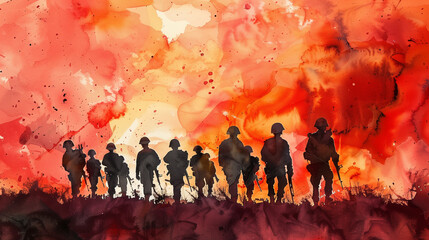 Watercolor painting silhouettes of soldiers in battlefield