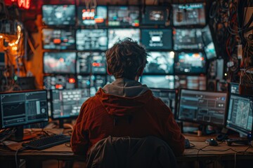 Obraz premium Surrounded by screens and equipment, a person sits engaged in a complicated tech environment, possibly monitoring data