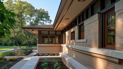 Side view of a craftsman house with architectural details and tiny windows, against a minimalist garden scene.