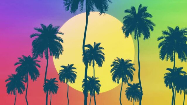 Parallax tracking shot of a loop animation of colorful palm tree landscape at sunset with flat and gradient color design.