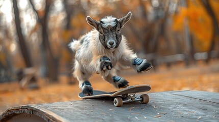  A goat perched atop a skateboard on a wooden bench in a park surrounded by trees