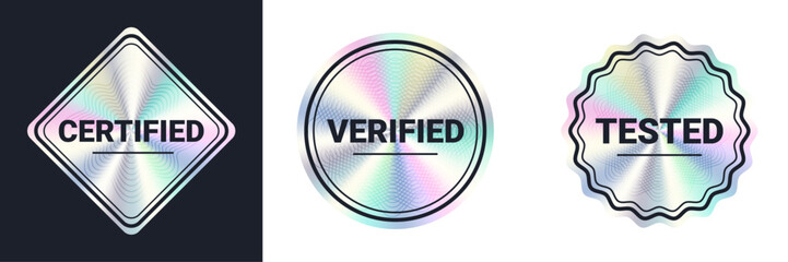 Holographic silver stickers, metallic foil labels. Certified, verified, tested signs.	