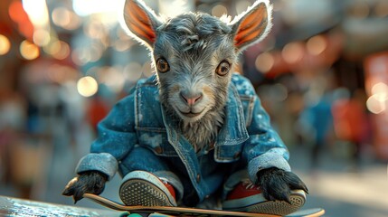   A goat wearing a jean jacket sits on a skateboard and performs tricks, drawing applause from the crowd