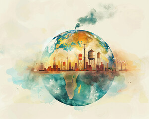 Infographic-style illustration showing the effect of La Nina on global warming across the globe, with a boiler symbolizing rising temperatureswatercolor illustration