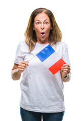 Middle age hispanic woman holding flag of France over isolated background scared in shock with a surprise face, afraid and excited with fear expression