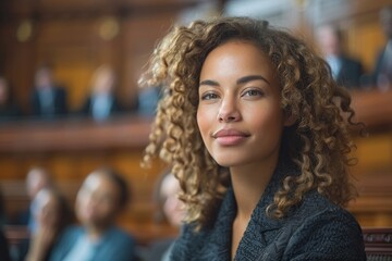 Fototapeta premium A professional woman in formal attire with a slight smile, standing in a courtroom