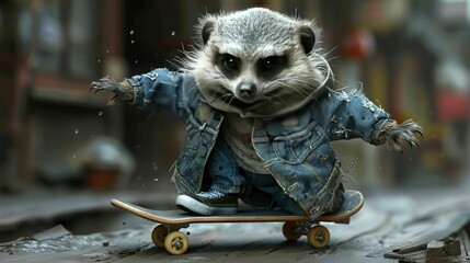   A raccoon in a jean jacket rides a skateboard on a city street, in front of a building
