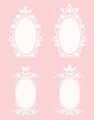 oval frame with rose flowers and royal princess crown - pink and white vector copy space floral design set