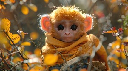   A close-up photo of a monkey wearing a scarf on its neck