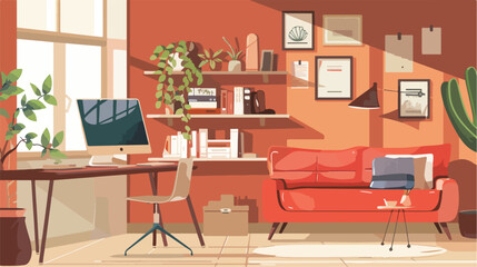 Living room with furniture workspace Vector illustration