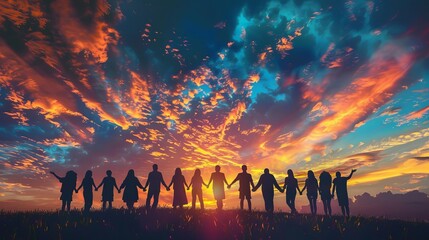 Capture a low-angle view of a diverse group of people holding hands under a vibrant, painted sky Emphasize unity in rich colors and bold, dynamic strokes