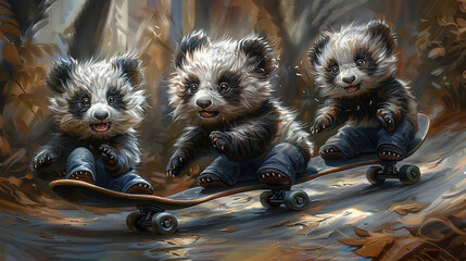 Three raccoons ride skateboard through woodland with fallen leaves beneath