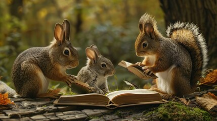 Rabbit, hedgehog and squirrel read books . Generative Ai