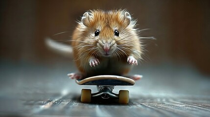  A hamster riding atop a skateboard on a wooden surface with its front paws securely positioned on...