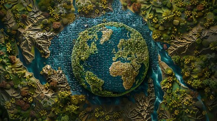 Craft a digital masterpiece of an aerial view with puzzle pieces forming a photorealistic globe, showcasing intricate details and vibrant colors