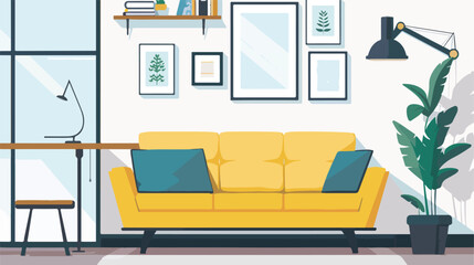 office room interior with yellow sofa in flat design