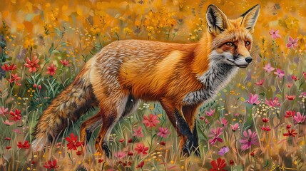 Red fox, standing on colorful flowered meadow. Generative Ai
