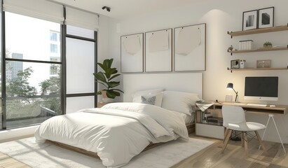 A white bedroom with wooden accents, featuring an elegant bed and stylish bedside tables