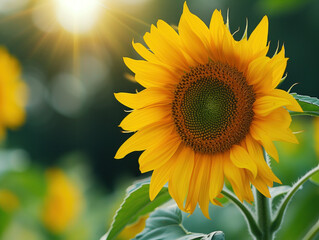 A close-up of a vibrant, fully bloomed sunflower, highlighting intricate details, set in its natural environment.