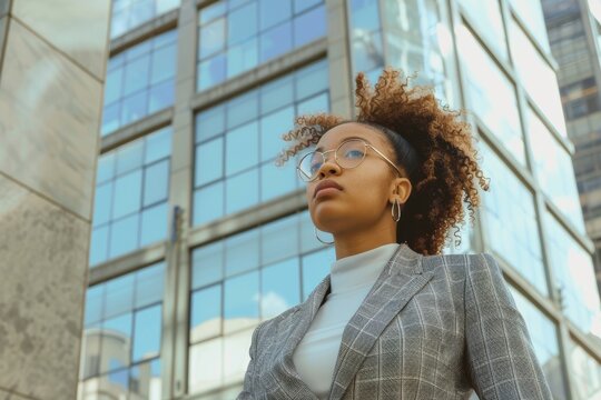 diverse black businesswoman in front of office building looking serious and concerned with work tasks