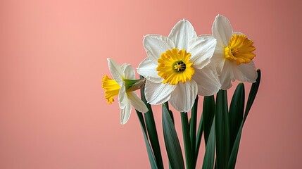   A group of daffodils in a vase on a pink background, with green stems