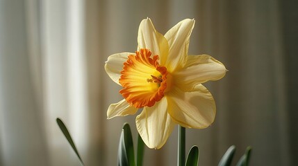   A close-up of a yellow and orange flower with a white curtain in the background