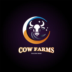 Cow and moon logo design template. Vector illustration of a farm animal logo.