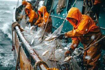 Obraz premium Fishermen in protective gear at sea pulling a fishing net aboard, surrounded by water splashes