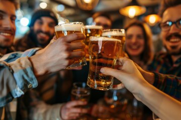 beer glasses closeup. diverse group of friends drinking beer or kombucha together, having fun at bar or summer terrace. Social gathering. 