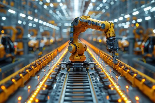 A yellow robotic arm is positioned centrally in a factory with numerous identical arms in the background, depicting industrial automation