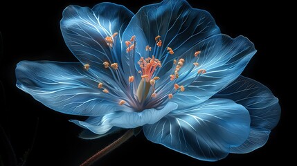  A blue flower on a black background with a blurred center