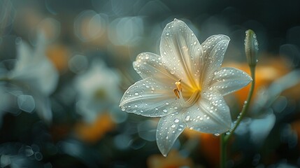  A white flower with water droplets on its petals and a blurred background