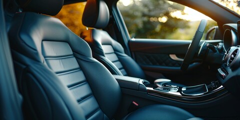 Modern car interior. Interior of prestige modern car. Comfortable leather seats. Modern car interior details.