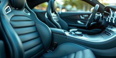 Modern luxury car interior details. Steering wheel and dashboard.
