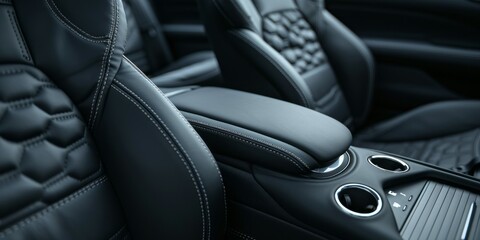 Modern luxury car interior. Black leather seats. Steering wheel. Car detailing.