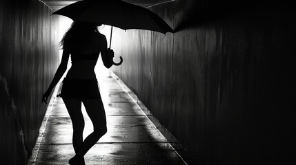   A monochrome image of a woman strolling in a corridor with an umbrella and a dark backdrop