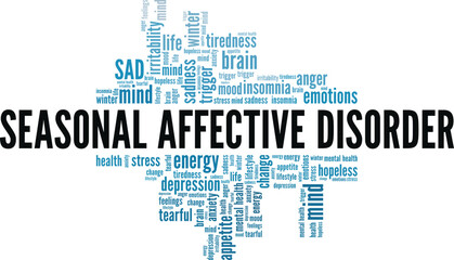 SAD Seasonal Affective Disorder word cloud conceptual design isolated on white background.
