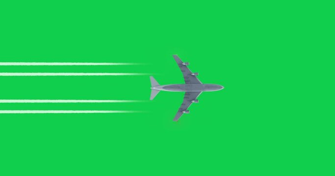 Airplane bottom on a green screen. Modern aircraft leaves contrails behind it.